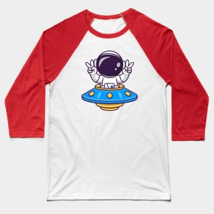 Cute Astronaut Riding UFO With Peace Sign Cartoon Baseball T-Shirt